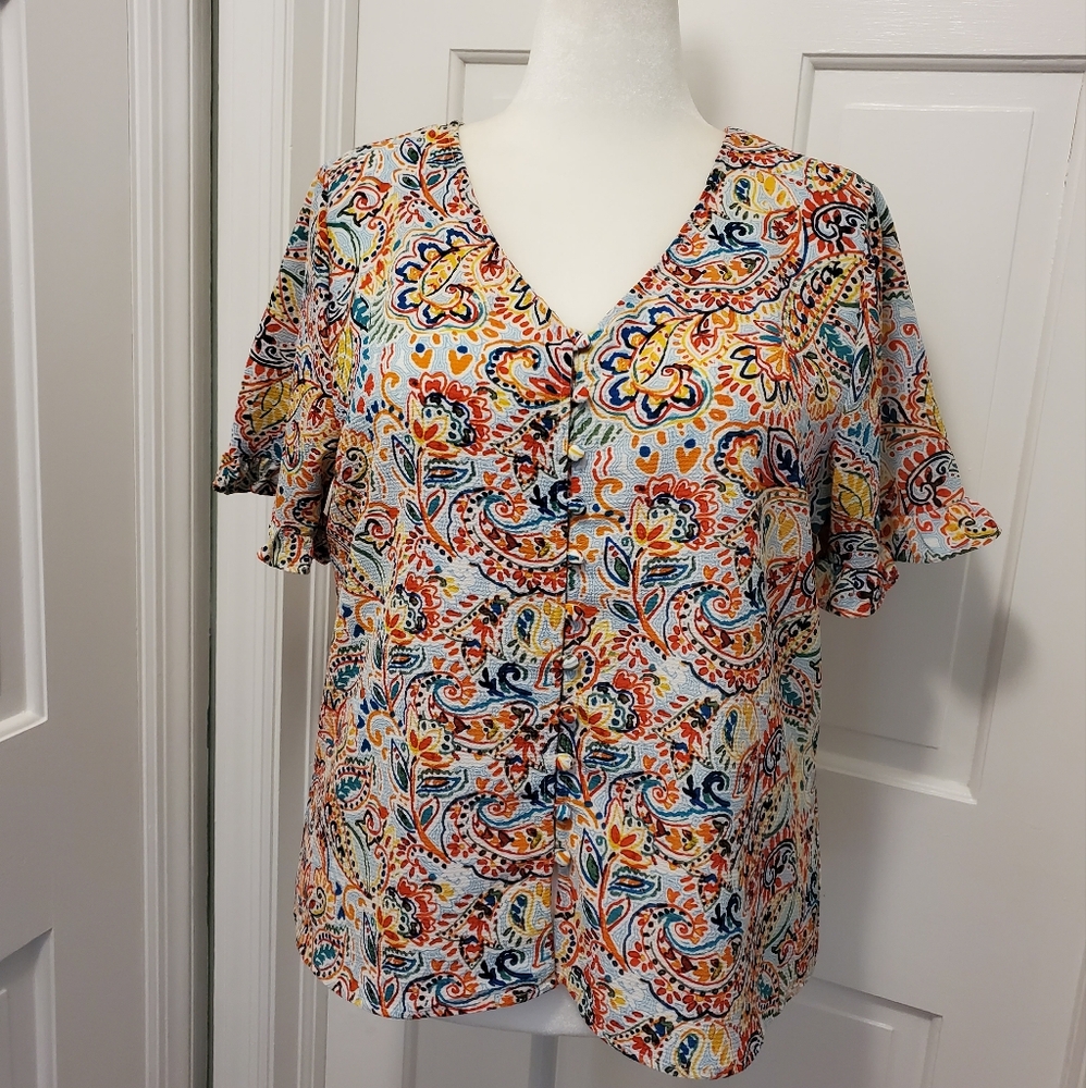 Zac & Rachel Orange and Blue Flutter Sleeve Blouse